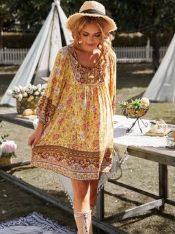 Outzidr - Yellow Printed A-Line Dress