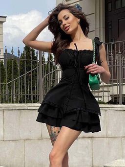 Outzidr - Black Tie-Up Gathered Waist Ruffle Party Dress