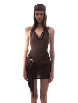 Outzidr - Brown Cowl Neck Wrap Fitted Party Dress