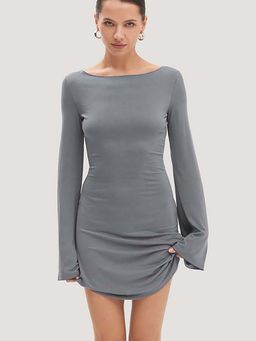 Outzidr - Grey Full Sleeves Mini Street Style Dress