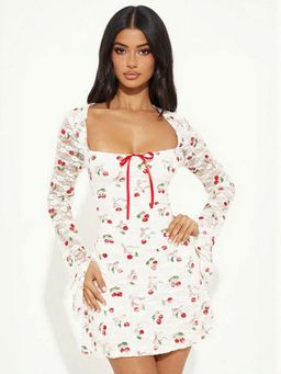 Outzidr - White Cherry Print A-Line Vacay Dress