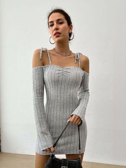 Outzidr - Grey Off Shoulder Full Sleeves Mini Party Dress With Straps On Shoulder