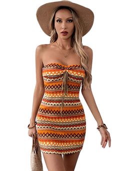 Outzidr - Orange Crochet Bardot Vacay Dress