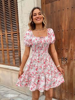 Outzidr - Red Fit And Flare Floral Print Vacay Dress