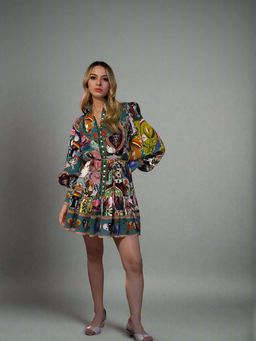 Outzidr - Blue Abstract Print Mini Vacay Dress With Volume Sleeves