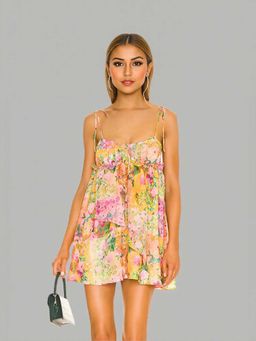 Outzidr - Multi-Color Floral Print Slip Mini Vacay Dress With Ruffles