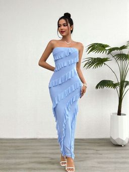 Outzidr - Blue Tube Dress With Tiered Frills
