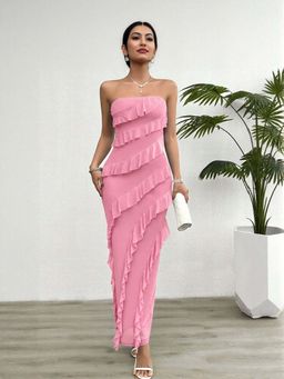 Outzidr - Pink Tube Dress With Tiered Frills