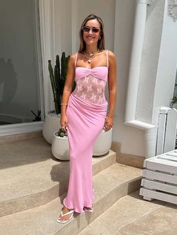 Outzidr - Pink Lace At Waist Maxi Party Dress