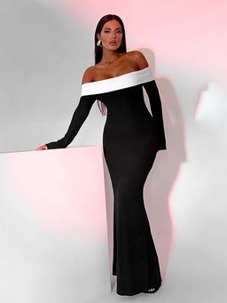 Outzidr - Black Contrast Off Shoulder Full Sleeves Maxi Dress