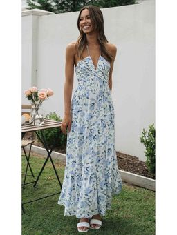 Outzidr - Blue Halter Neck Fit And Flare Maxi Vacay Dress