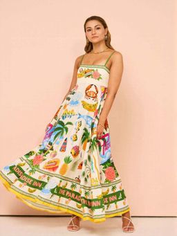 Outzidr - Off White Tropical Print Flared Maxi Vacay Dress
