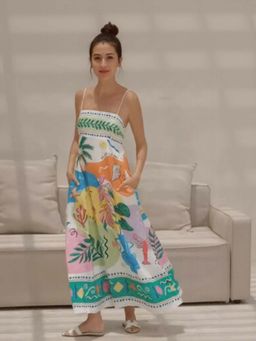 Outzidr - Off White Tropical Print Flared Maxi Vacay Dress