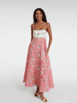 Outzidr - Pink Floral Print Fit And Flare Maxi Dress