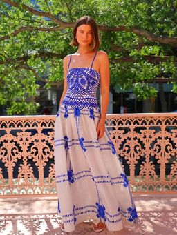 Outzidr - Blue Printed Fit And Flare Maxi Vacay Dress