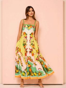 Outzidr - Yellow Lemon Print Fit And Flare Maxi Dress