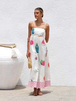 Outzidr - White Fruit Print Fit And Flare Maxi Vacay Dress