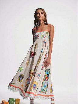 Outzidr - White Abstract Print Fit And Flare Maxi Vacay Dress