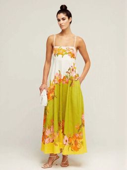 Outzidr - Yellow Palcement Print Floral Fit And Flare Maxi Vacay Dress