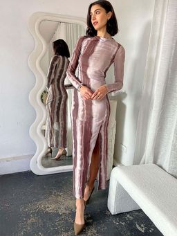 Outzidr - Brown High Slit Slim Fit Vacay Dress