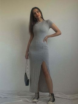 Outzidr - Grey Cap Sleeves High Slit Street Style Dress