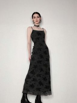 Outzidr - Black Floral Print Slip Maxi Party Dress