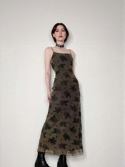 Outzidr - Green Floral Print Slip Maxi Party Dress