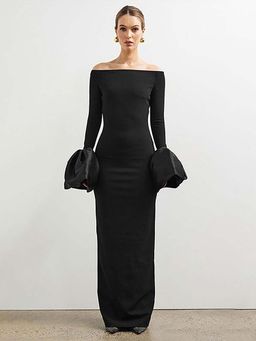 Outzidr - Black Bardot Party Dress With Bell Sleeves