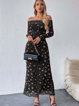 Outzidr - Black Floral Print Broad Neck Maxi Vacay Dress