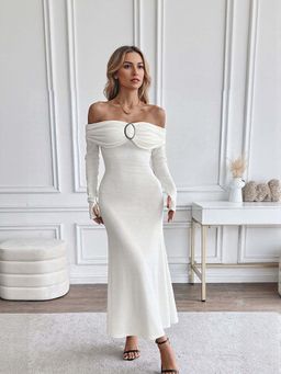 Outzidr - White Bardot Bodycon Party Dress