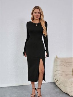 Outzidr - Black High Slit Maxi Bodycon Vacay Dress