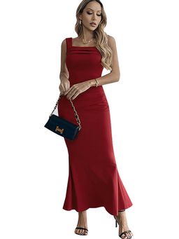 Outzidr - Red Sqaure Neck Fitted Party Dress