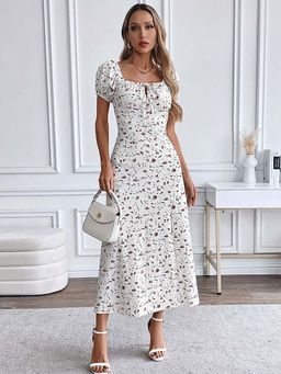 Outzidr - White Floral Print Front Slit Maxi Vacay Dress