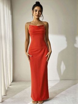 Outzidr - Red V Neck Straight Fit Party Dress