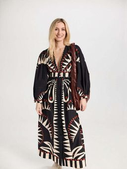 Outzidr - Black Placement Tribal Print Vacay Shirt Maxi Dress