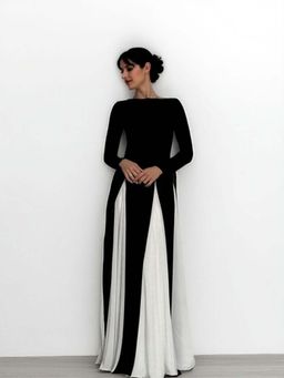 Outzidr - Black Boat Neck Contrast Pleated Maxi Party Dress