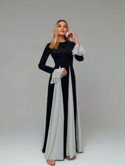 Outzidr - Black Contrast Fit And Flare Ruffle Sleeves Maxi Party Dress