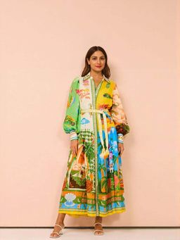 Outzidr - Green Tropical Print Maxi Vacay Dress