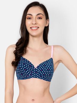 Clovia - Cotton Spandex Printed Padded Full Cup Wire Free T-shirt Bra - Dark Blue