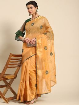Odette - Orange Cotton Embroidered Saree with Unstitched Blouse