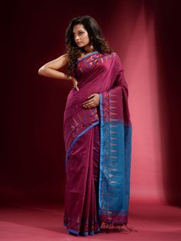 CHARUKRITI - Magenta with Temple and Floral Zari Pattern Saree with Unstitched Blouse
