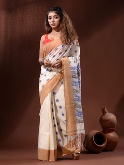 CHARUKRITI - off White Cotton Handspun Handwoven Saree with Nakshi Pallu with Unstitched Blouse