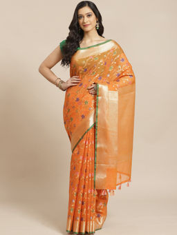 Indethnic - Banarasi Orange Woven Design Daily Wear Saree With Unstitched Blouse