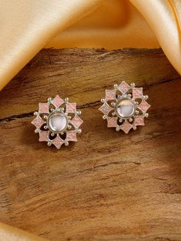 Estele - Rhodium Plated Flower Shaped Pink Meenakari Kundan Stud Earrings for Women