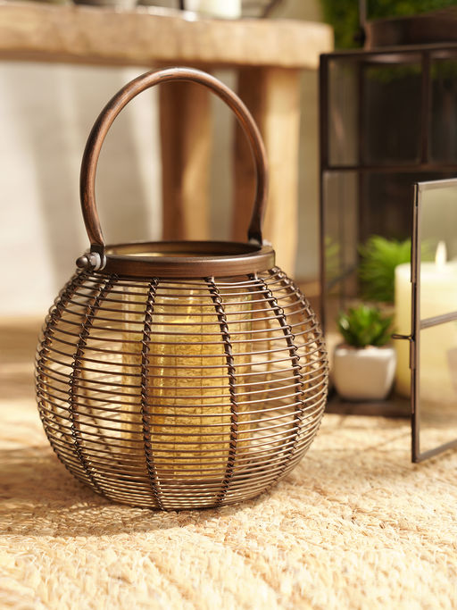 Pure Home + Living Brown Round Metal Wire Lantern With Glass