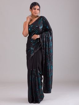 Koskii - Black Sequin Georgette Saree With Unstitched Blouse