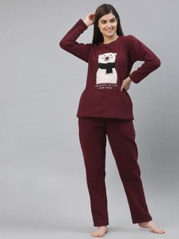 Sweet Dreams - Women Applique Polar Fleece Round Neck Full Sleeve Winter Nightsuit-Wine