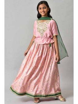 Aurelia - Liva Pink Zari Embroidered Kurta With Green Skirt And Dupatta (Set of 3)