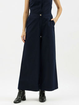 United Colors of Benetton - Women Blue Cotton Linen Wide Fit Pant