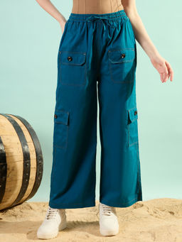 KASSUALLY - Women Blue Cotton Comfortable Fit Pant